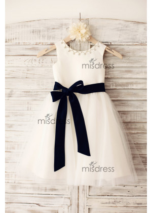 Beaded Ivory Satin Tulle Flower Girl Dress
